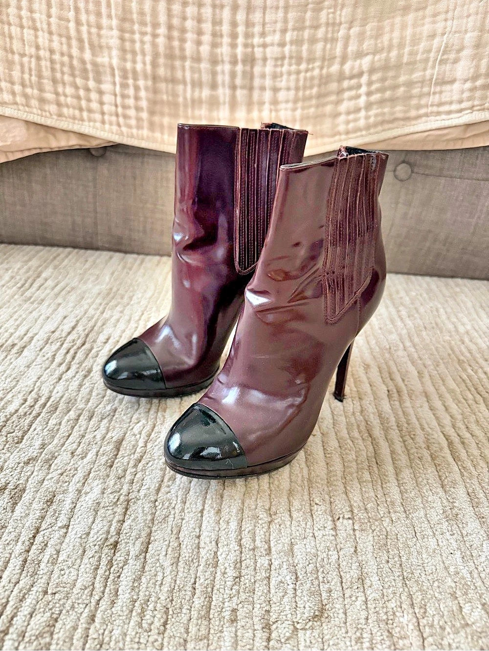 Brian Atwood Patent Ankle Boots in Burgundy us6